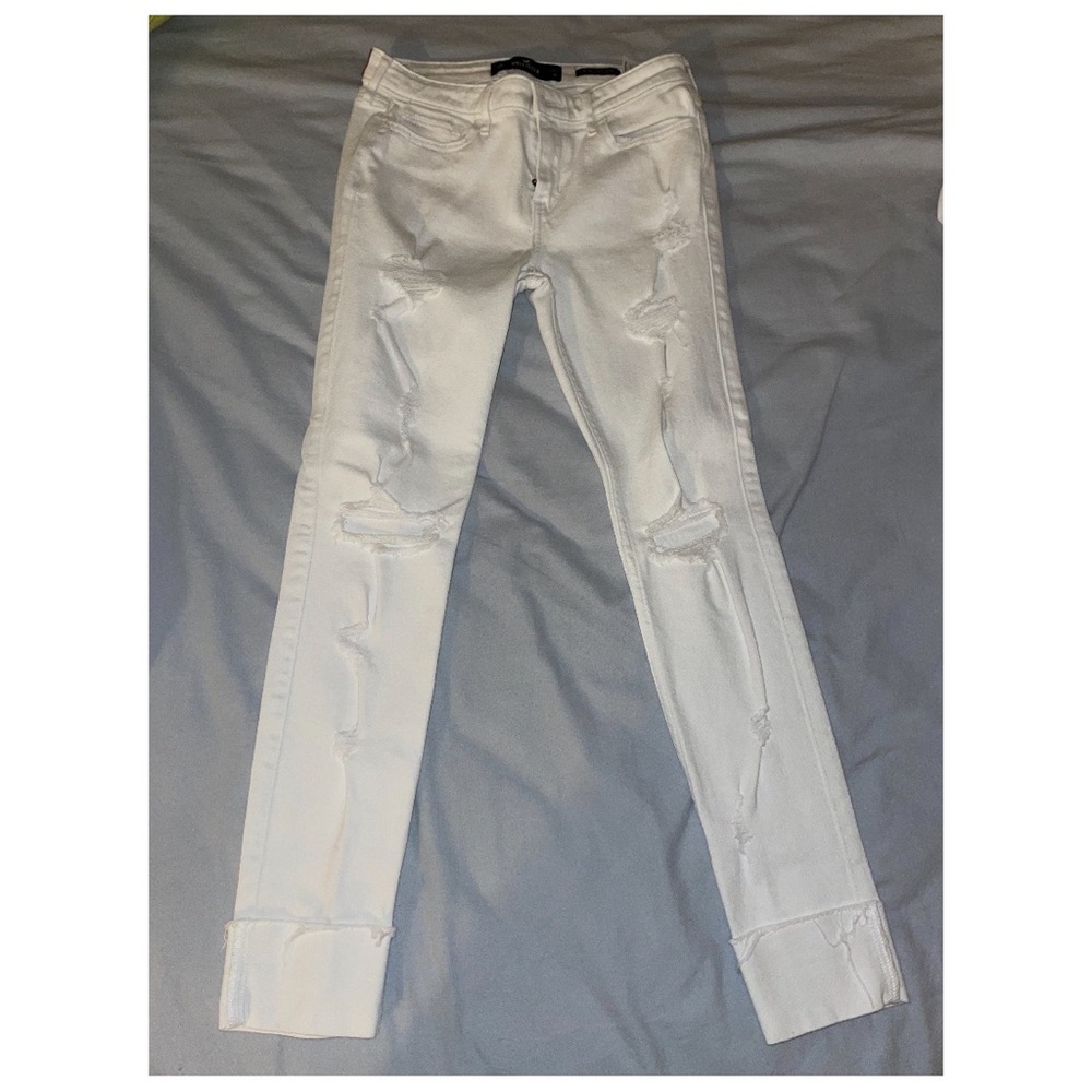 Hollister white distressed cuffed jeans low rise super skinny size 5 27